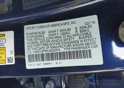 2018 Honda Accord Touring 2.0T из США, поврежденный, VIN 1HGCV2F9XJA022519